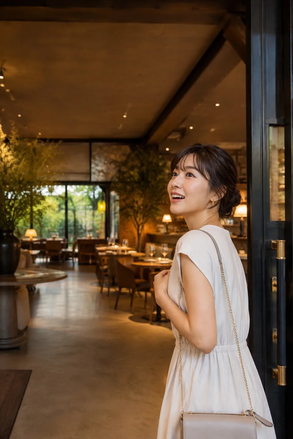 レストランの入口で、明るい店内をのぞく女性